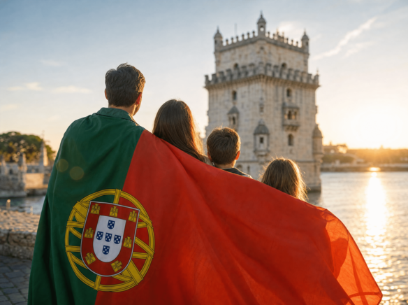 Família observando um ponto turístico de Portugal, envolta pela bandeira portuguesa